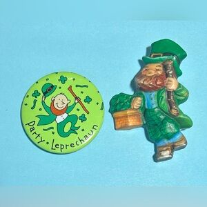 St Patrick’s Day Leprechaun w/basket of Shamrocks & Party Leprechaun pinback